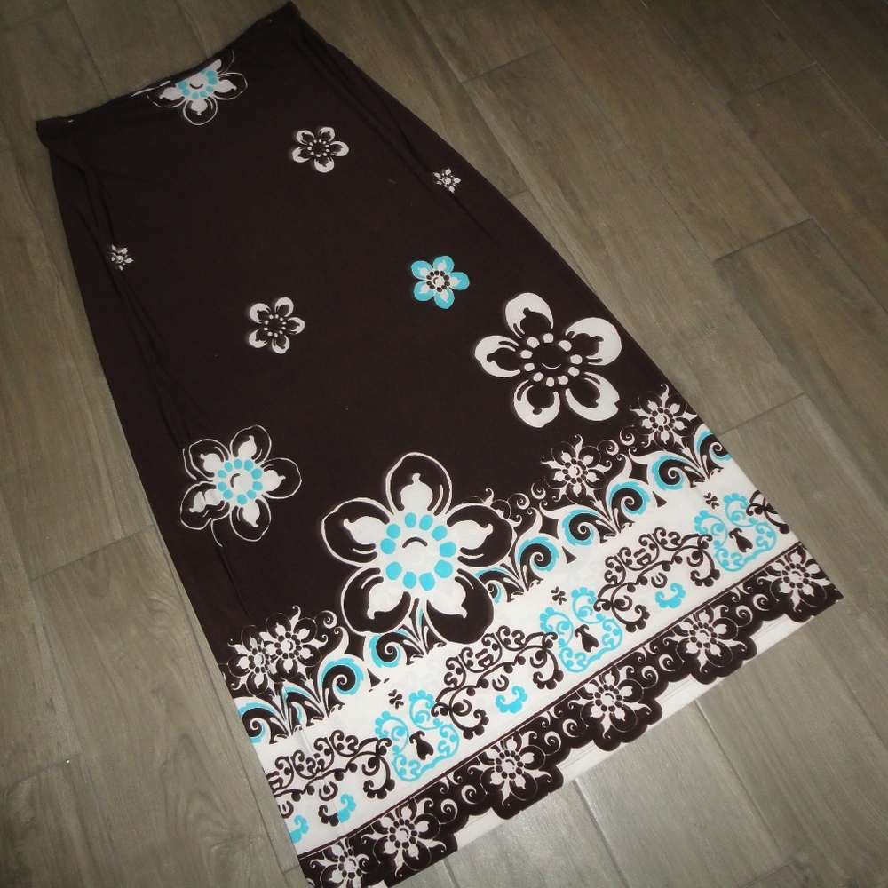 JODY OF CALIFORNIA BROWN AQUA FLORAL BOHO SKIRT XL